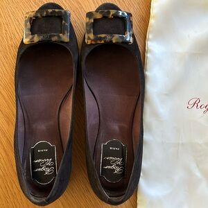 Roger Vivier Paris - black suede flats with tortoise buckle.